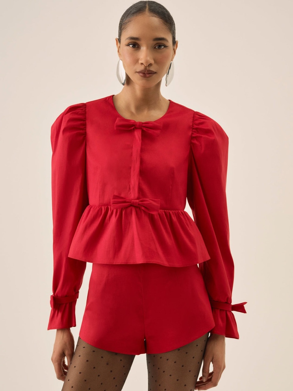 $219 NWT For Love & Lemons “Lucia” Taffeta Bow-Front Blouse Sz Small